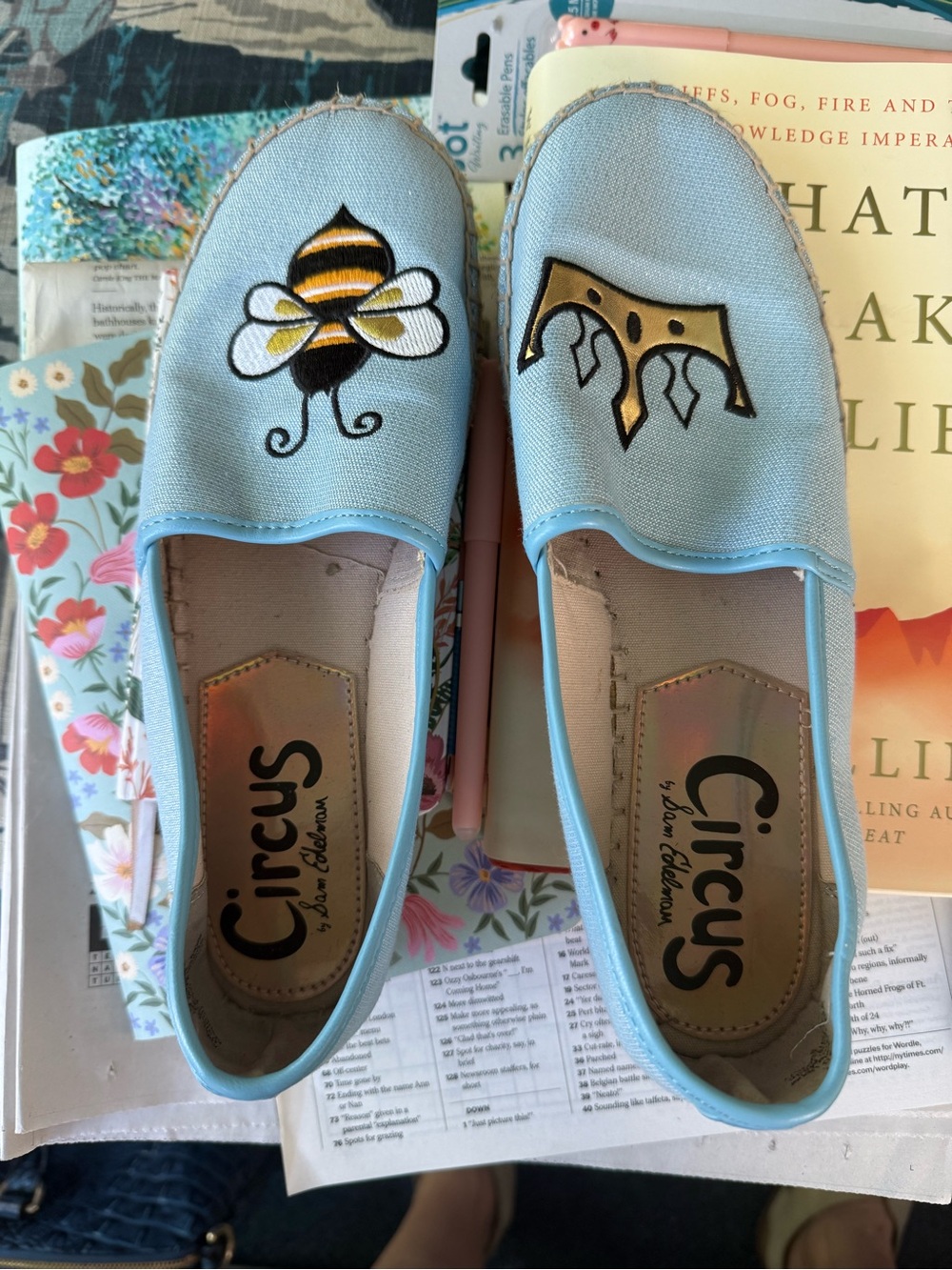Sam Edelman Light Blue Canvas Slip-On Flats with Bee & Crown Embroidery